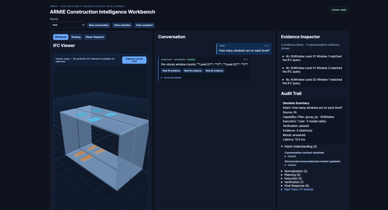 Construction Intelligence Decision Trace showing audit and verification stages