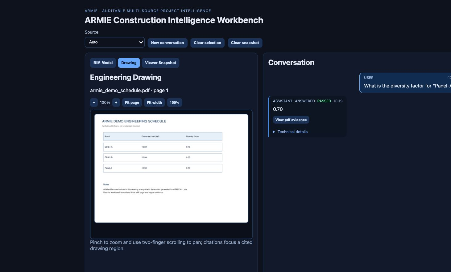 Construction Intelligence engineering drawing evidence alongside a grounded answer