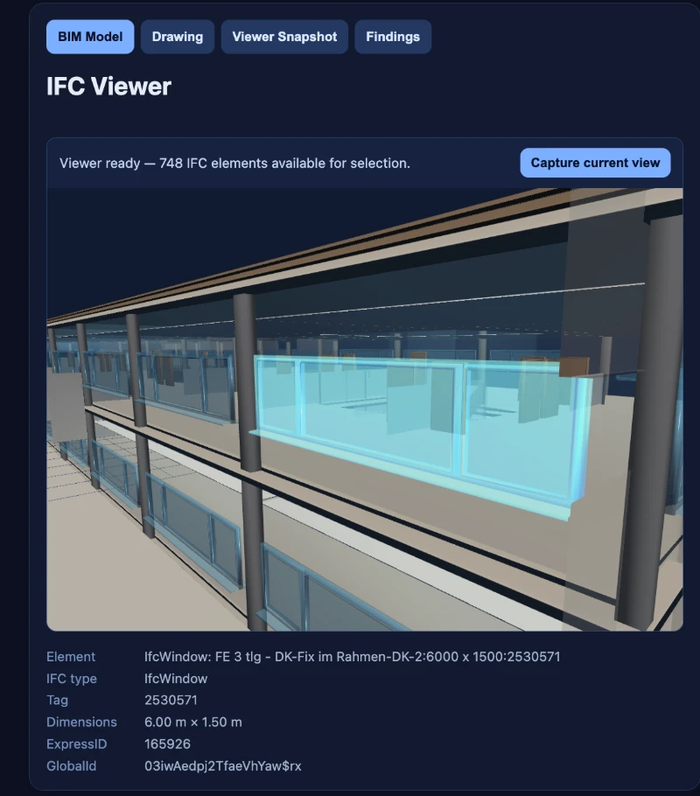 Construction Intelligence viewer selection showing real door or window dimensions