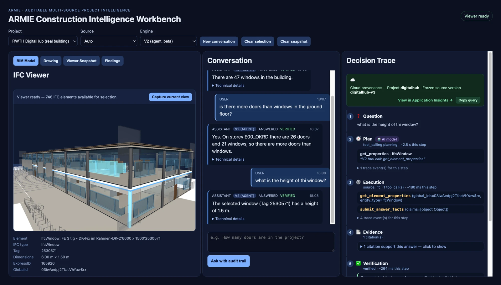 Construction Intelligence V2 viewer selection on the openly licensed RWTH DigitalHub building